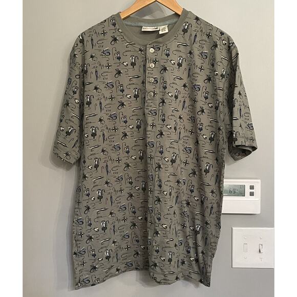 Field Master Shirt Henley Fly Fishing all‎ over print Pullover Mens Large EUC - Picture 1 of 9